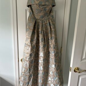 Azazie Formal Dress in Blue with Gold Floral Pattern